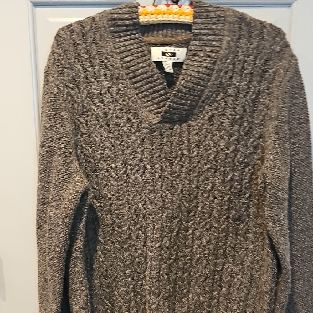 Joseph Abboud 50% Wool Heather Brown V-Neck Sweater Men XLarge Warm Cable Knit
